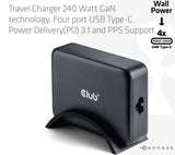 Club3D CAC-1918 GaN Travel Charger 240Watt 4xUSB-C PD Sort