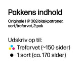 HP 302 2-pack Black/Tri-colour Original s Sort, Cyan, Magenta, Gul 170 sider Blæk