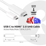Club 3D CAC-1514 USB-C 3.1 til HDMI 2.0 aktiv kabel 1.8m Hvid