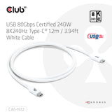 Club3D CAC-1570 USB4 USB-C til USB-C 1,2m 240W 8K240Hz Hvid Fabriksny